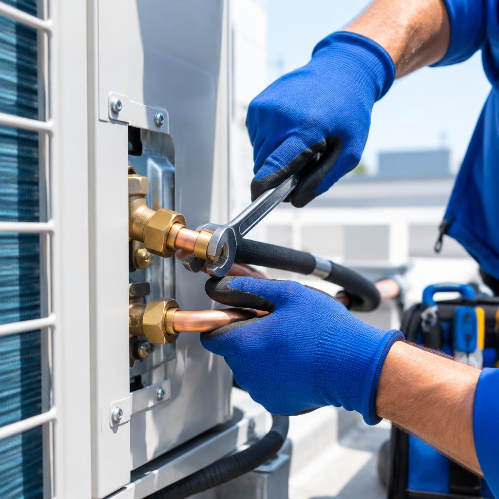 Técnico reparando las líneas de refrigerante de una unidad de aire acondicionado